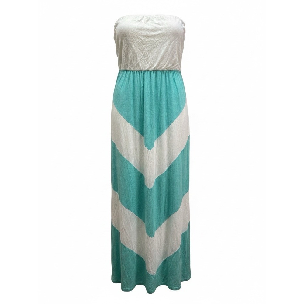 J Mode Women's Large Strapless Maxi Dress Aqua White Chevron Colorblock M